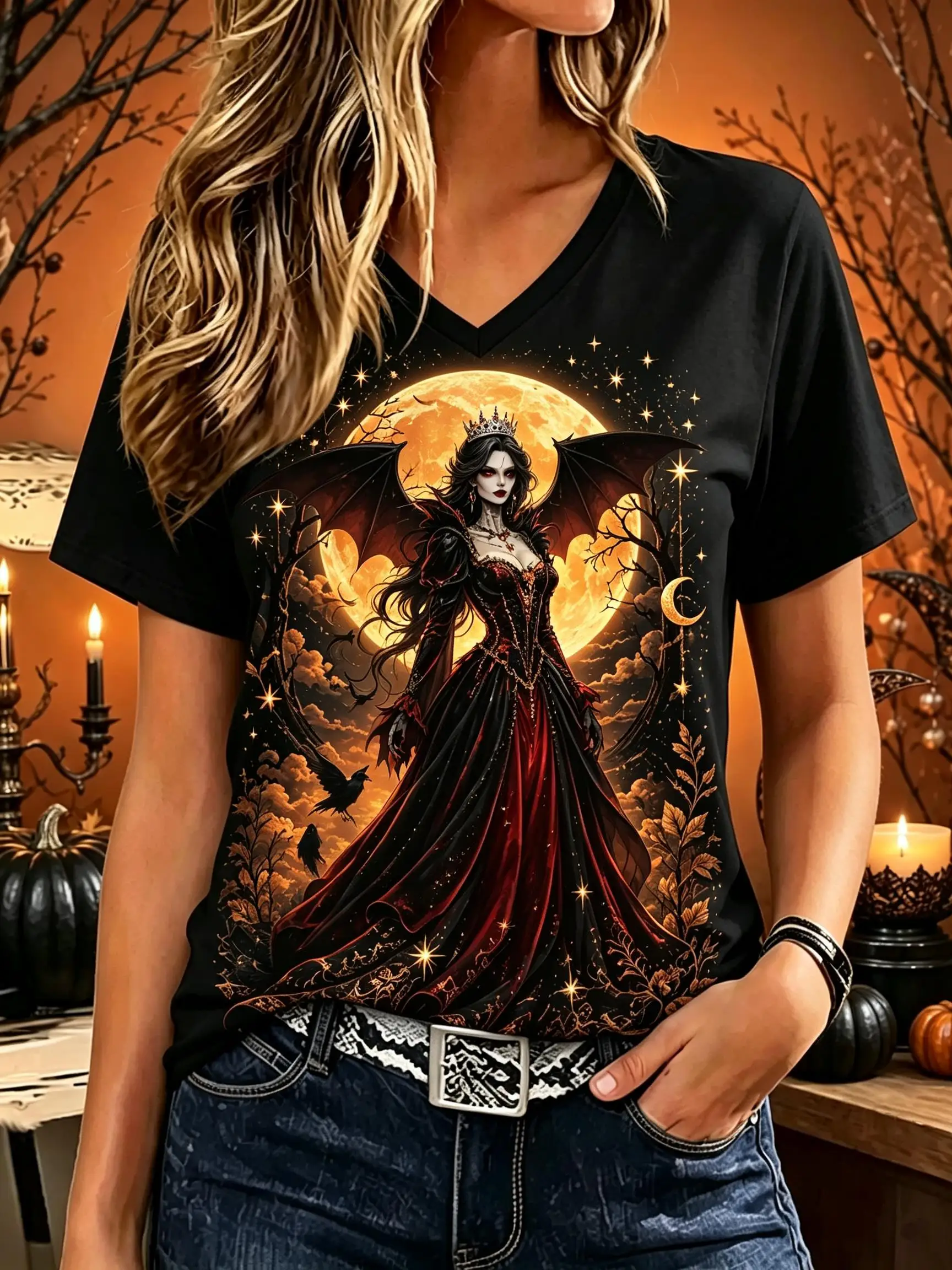 Women V‑Neck Short Sleeve T‑Shirt Halloween Fantasy Print Tee Warrior Hunter Full Moon Owl Bat Pumpkin Graphic Ladies Top