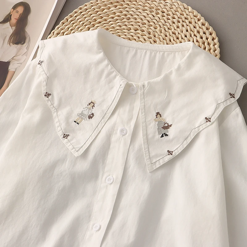 Outono dos desenhos animados menina bordado peter pan colarinho blusa topos roupas femininas camisa branca de manga comprida camisas e blusas de algodão u361