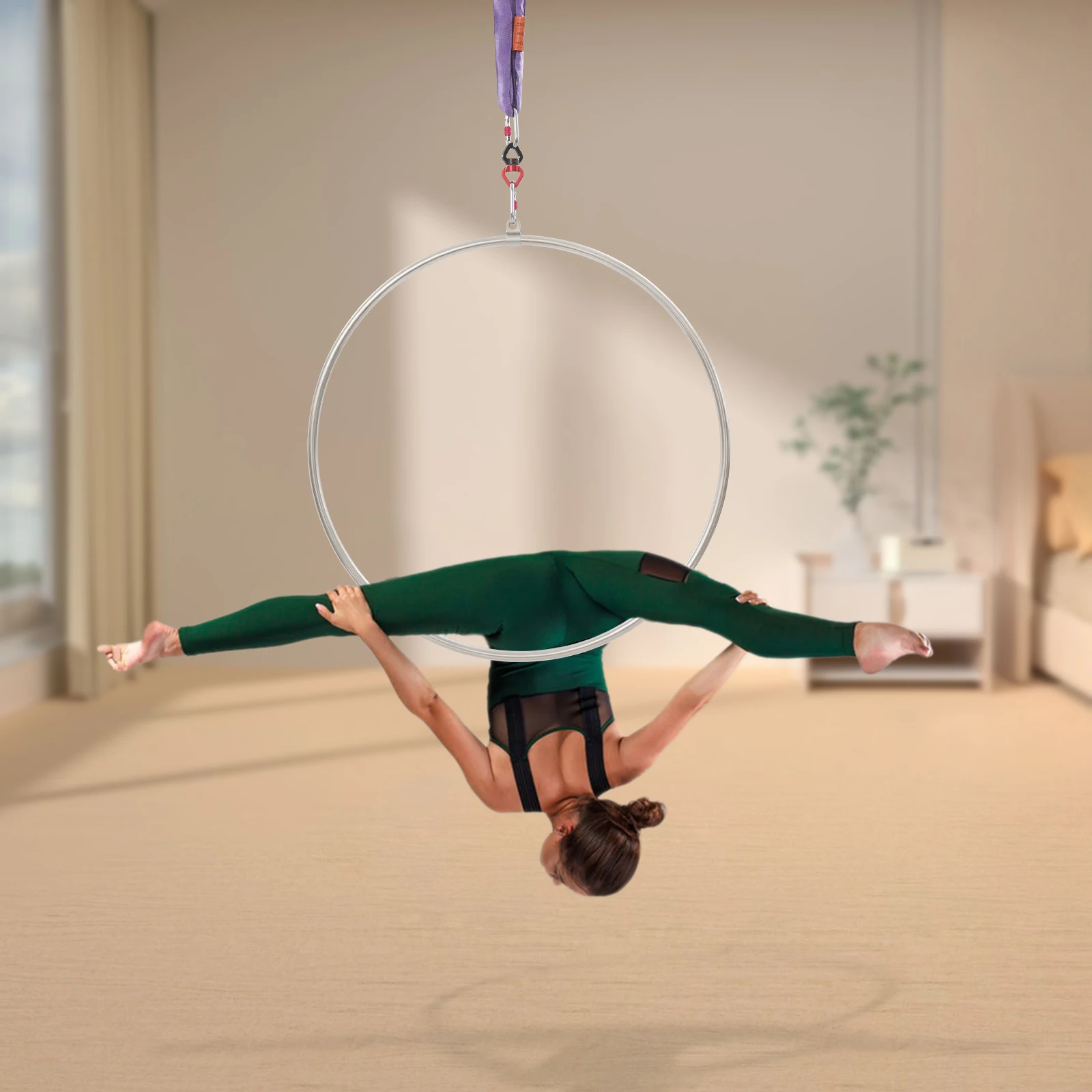 طوق هوائي 95 سم، طقم طوق هوائي، حلقة سيرك للرقص الجوي مع حقيبة تخزين لليوجا البهلوانية والجمباز سعة تحميل 10 كيلو نيوتن #3
