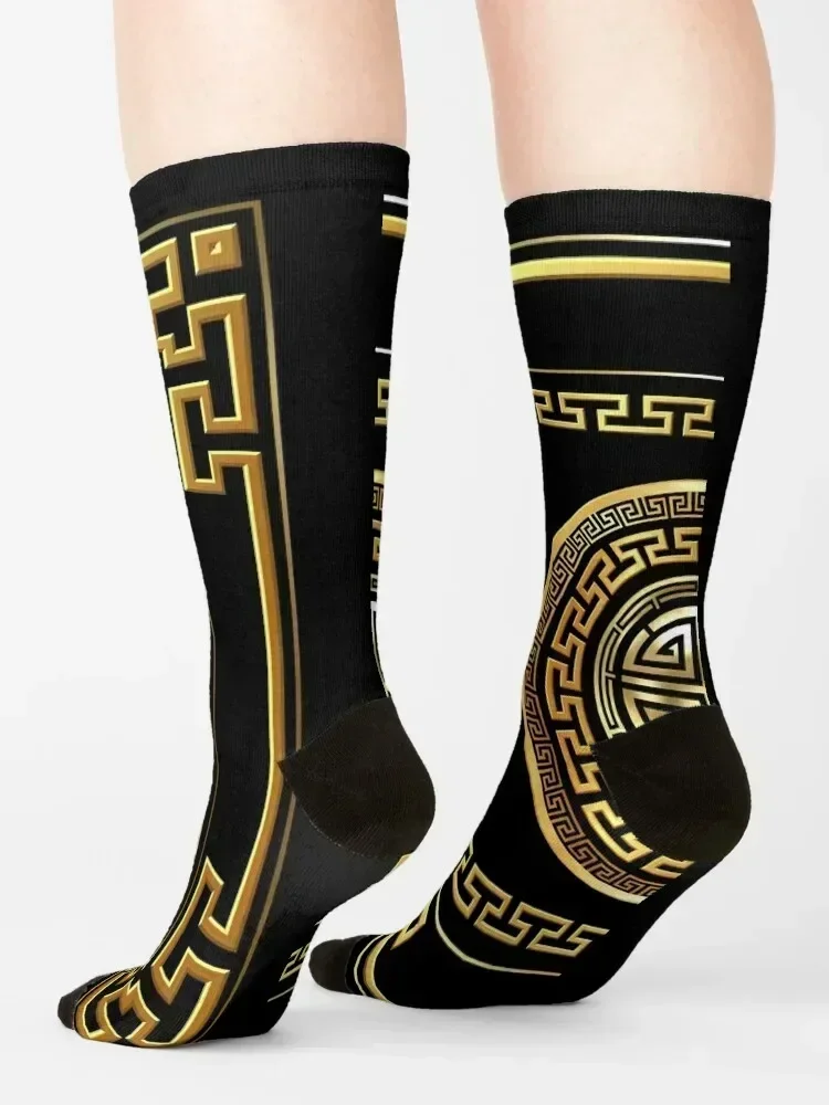 Greek Key Meander Black Gold Large Socks anti slip football with print men cotton high quality Men's Boy Socks Women's