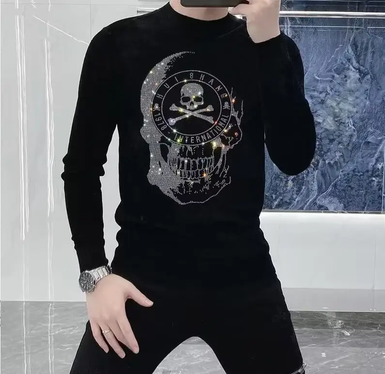 Suéter de malha de strass masculino, pulôver casual, jumper quente, malha, inverno