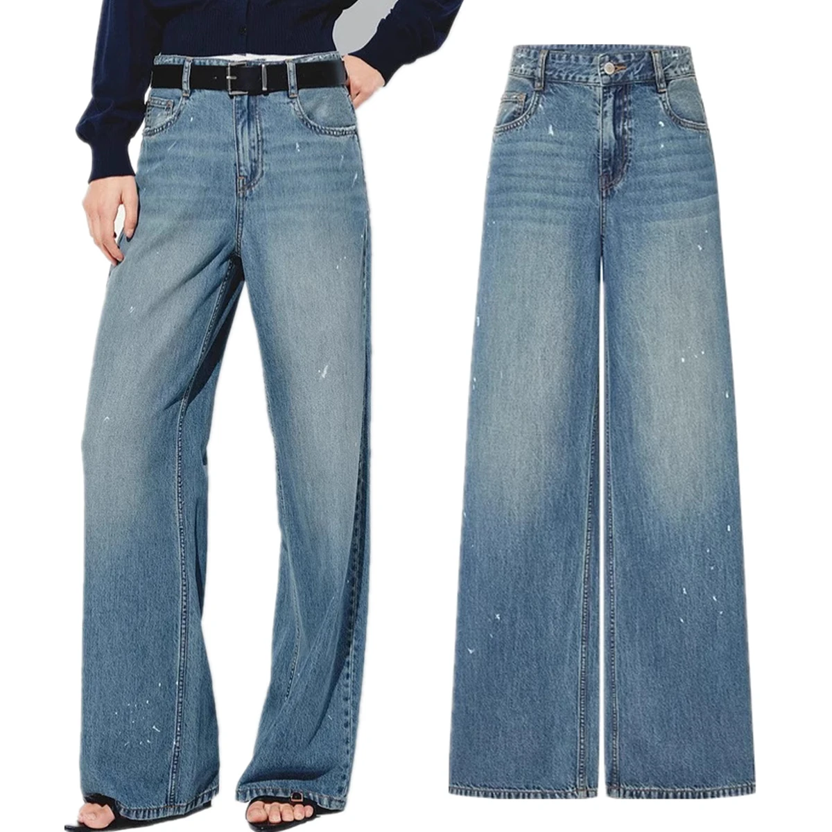 

Withered French Minimalist Retro High Waist Wide Leg Jeans Ink Wash Distressed Loose Jeans Mom Jeans Denim Pants Women