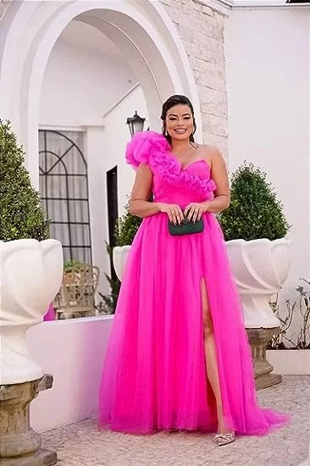 

Amanda Ruffles Puffy One Shoulder Prom Dress Long A Line Tulle Evening Dress Ball Gown High Slit Formal Party Dress