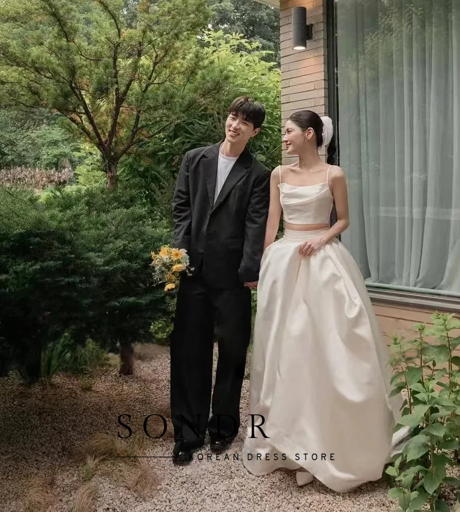 Sondr Simple 2PCS Wedding Dress Spaghetti Strap Pleat Floor Length Ivory Silk Taffeta Korea Photo Shoot Bridal Gown Customized