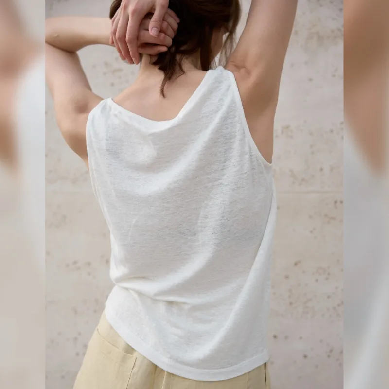 Damski cienki top na ramiączkach z dzianiny konopnej, jednolity kolor, letni, okrągły dekolt, bez rękawów, nowy, oddychający, biały.