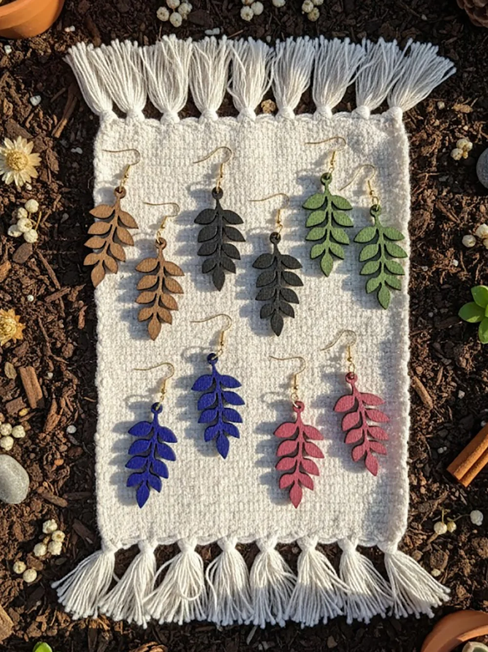 5 Pairs/Set, Women's Fashionable Dangle Earrings, Colorful Leaf and Plant-Shaped Wooden Earrings, Pastoral Bohemian Minimalist Style Earrings, Suitable for Everyday Wear, Vacations, Gift-Giving, Holidays and Any Occasion view 2