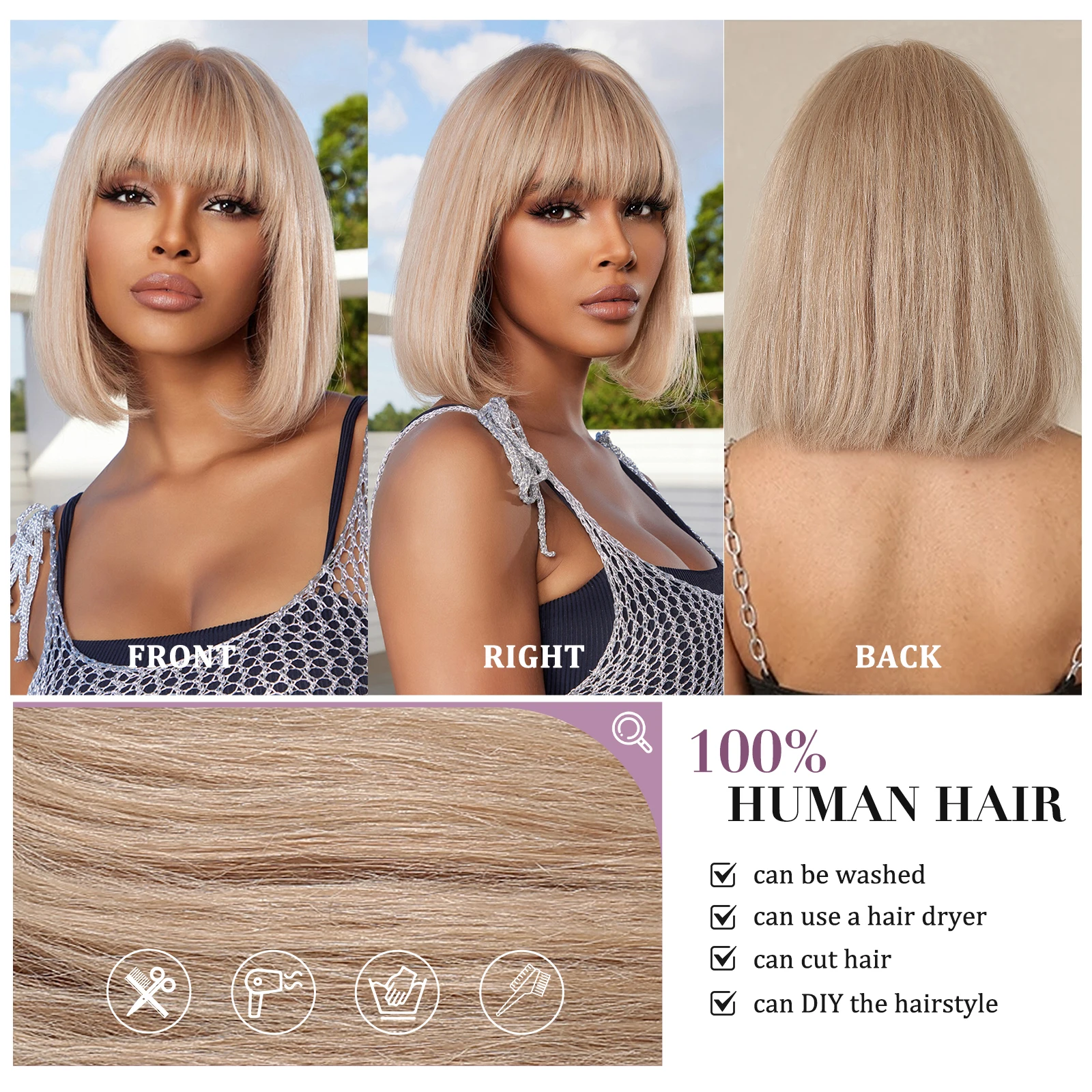 Blonde 100% Remy Human Hairs for Black Women Natural Straight Short Wigs with Full Bangs Heat Resistant Bob Human Hair Wig Afro