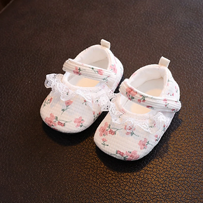 Cute Baby Girl Mary Jane Flats Floral Print Dress Shoes Non-Slip Infant Crib Shoes Sneakers