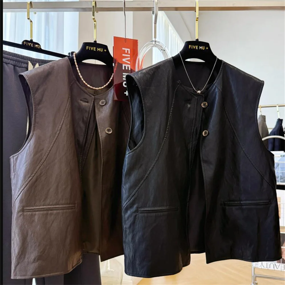

New round-neck sleeveless PU leather vest for women autumn vest jacket