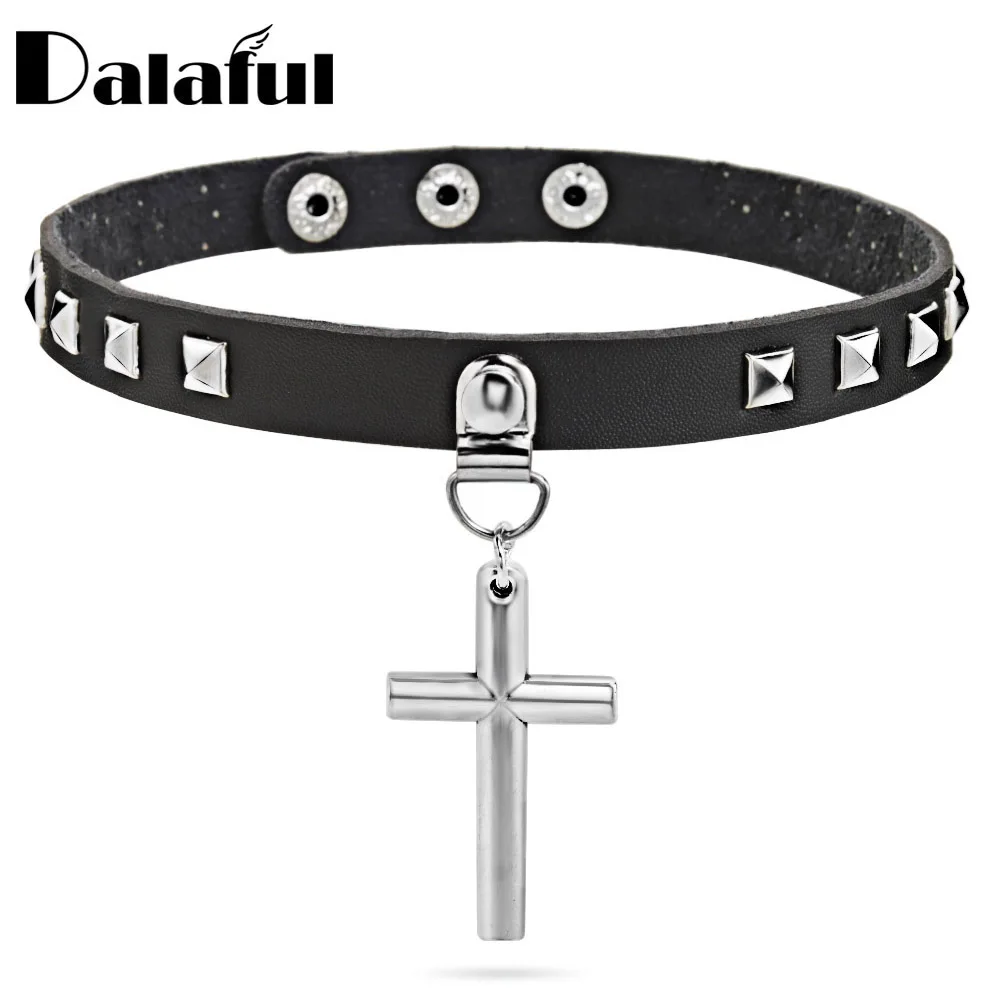 Cross Pendant Necklaces Statement Gothic PU Leather Choker for Women Man 100% Handmade Neck Rock Punk Jewelry X629