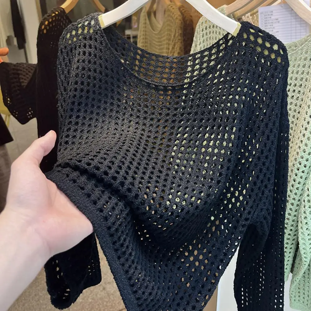 For Women Women Hollow Knit Top Solid Color Round Neck Long Sleeve Sunscreen Cover Up Loose Fit Casual Knitting Tops