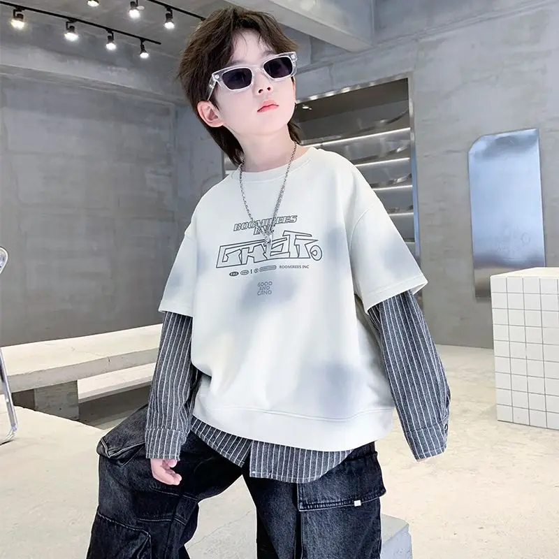 

Новое поступление 2024 года, искусственный двухсекционный свитшот с круглым вырезом для мальчиков, весна-осень, модный брендовый топ для детей больших и средних размеров