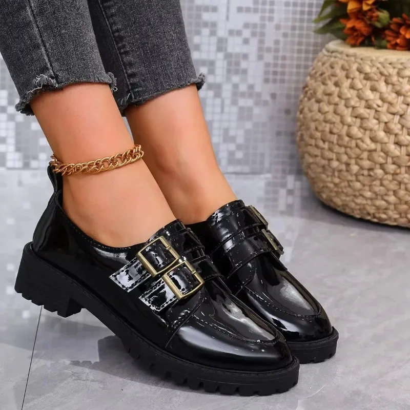 

High-heeled Shoes Loafers for Women Thick Heels Thick Soles Double Buckles Women's Casual Low-top Shoes 2024 New Large Size