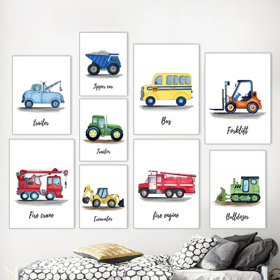 Watercolor Excarator Tipper Truck Car Fire Engine Trailer Helicopter Bus Nursery Art Canvas Wall Posters Prints Kids Room Decor