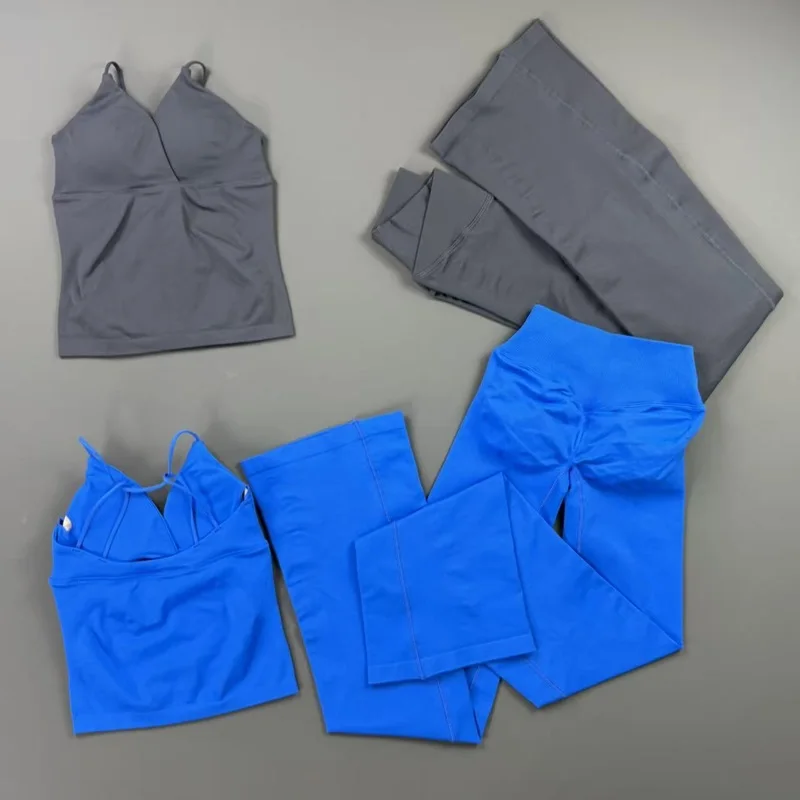 2Pcs Flare Leggings Set Women V Halter Top Cross Waist Pants Yoga Suit Gym Tummy Control Running Flared Leggings Workout Sets