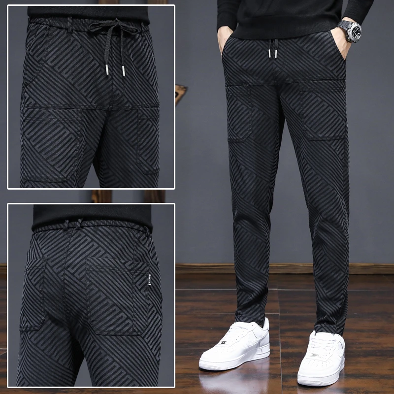 CUMUKKIYP Men's Printed Harem Pants Fashionable and Slim Korean Style Cargo Trousers for 2023 Autumn and Winter