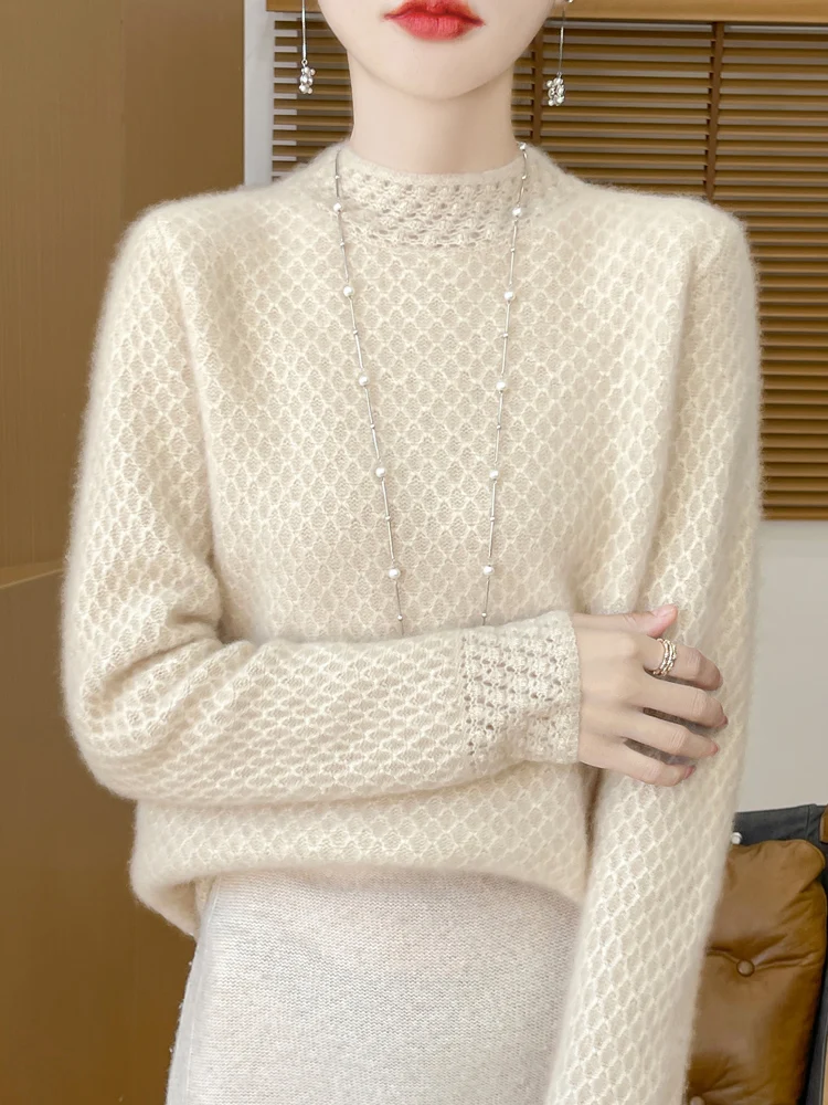 Women's Wool Sweater Pullover Half- High Neck Casual Knit Tops Autumn Winter Thick Jacket Warm Honeycomb Pattern Pullover Top