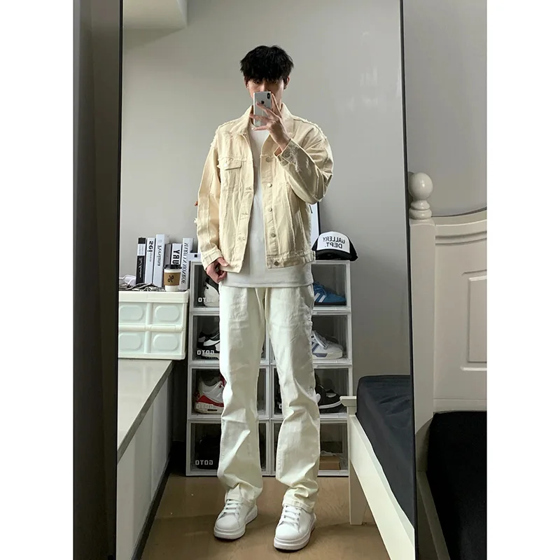 

Cleanfit White Straight Leg Slim Fit Men's Jeans American High Street Sle Trendy Brand Youthful Straight Tube Pants