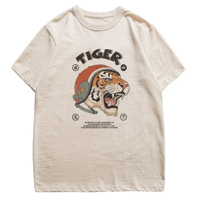 Xie Xianshen Men\'s Summer Retro Rough Cotton T-Shirt Tiger Print Casual round Neck Short Sleeve Youth Fashion Antibacterial