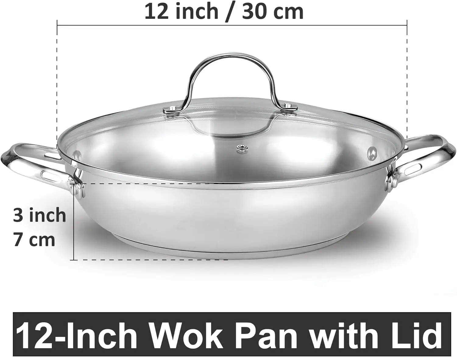 Wok Stir Fry Pan with Glass Lid, Classic Stainless Steel 12-Inch/30cm Everyday Chef's Pan, Silver