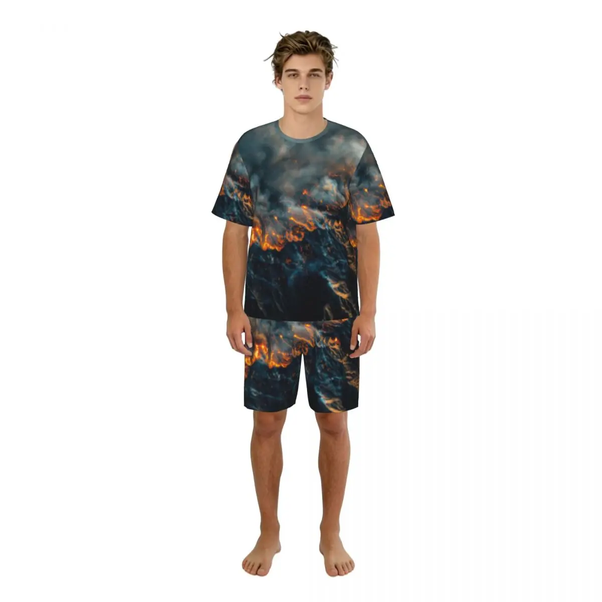 Men's Casual Pajama Set Short Sleeve T-shirt Shorts Wild Fire Spreading Through Mountain Home Clothes Sleep Suit