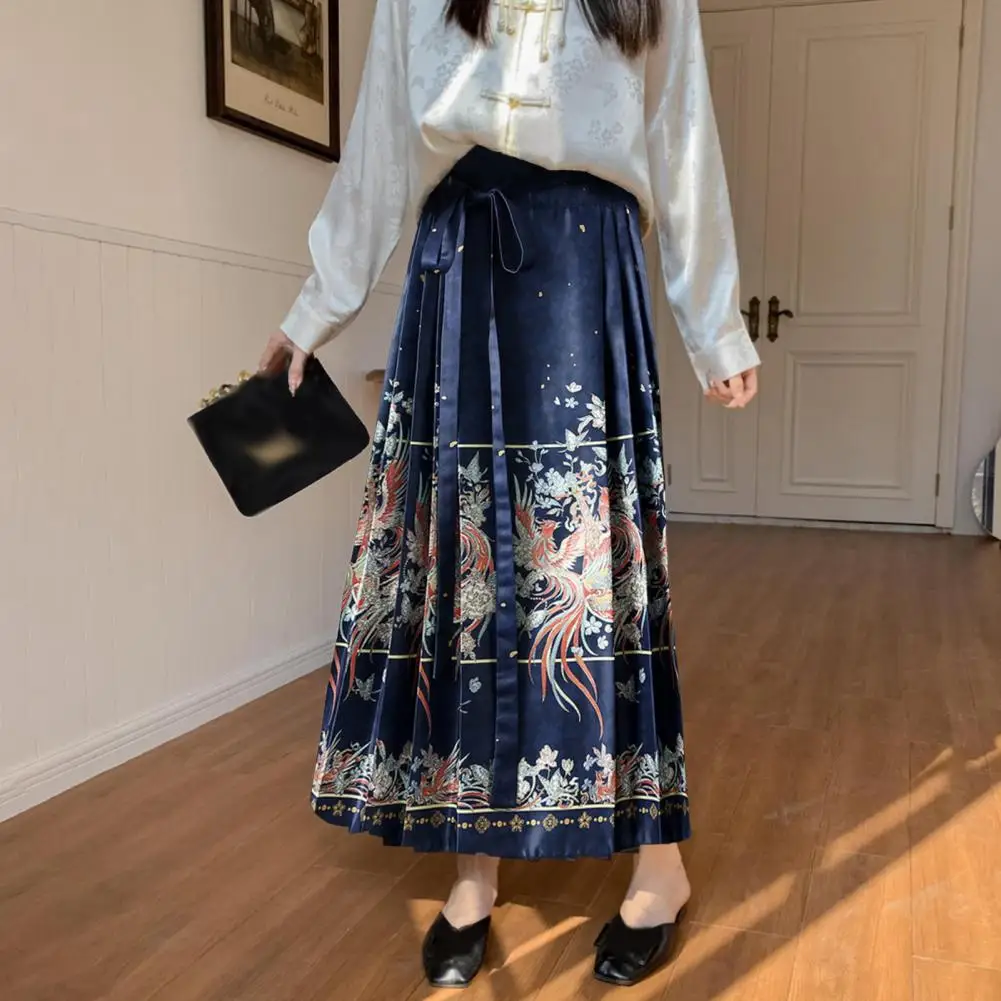 

Horse-faced Skirt Elegant Vintage Chinese Style Women Maxi Skirt with Phoenix Print High Waist Hanfu Pleated Lace-up for Women