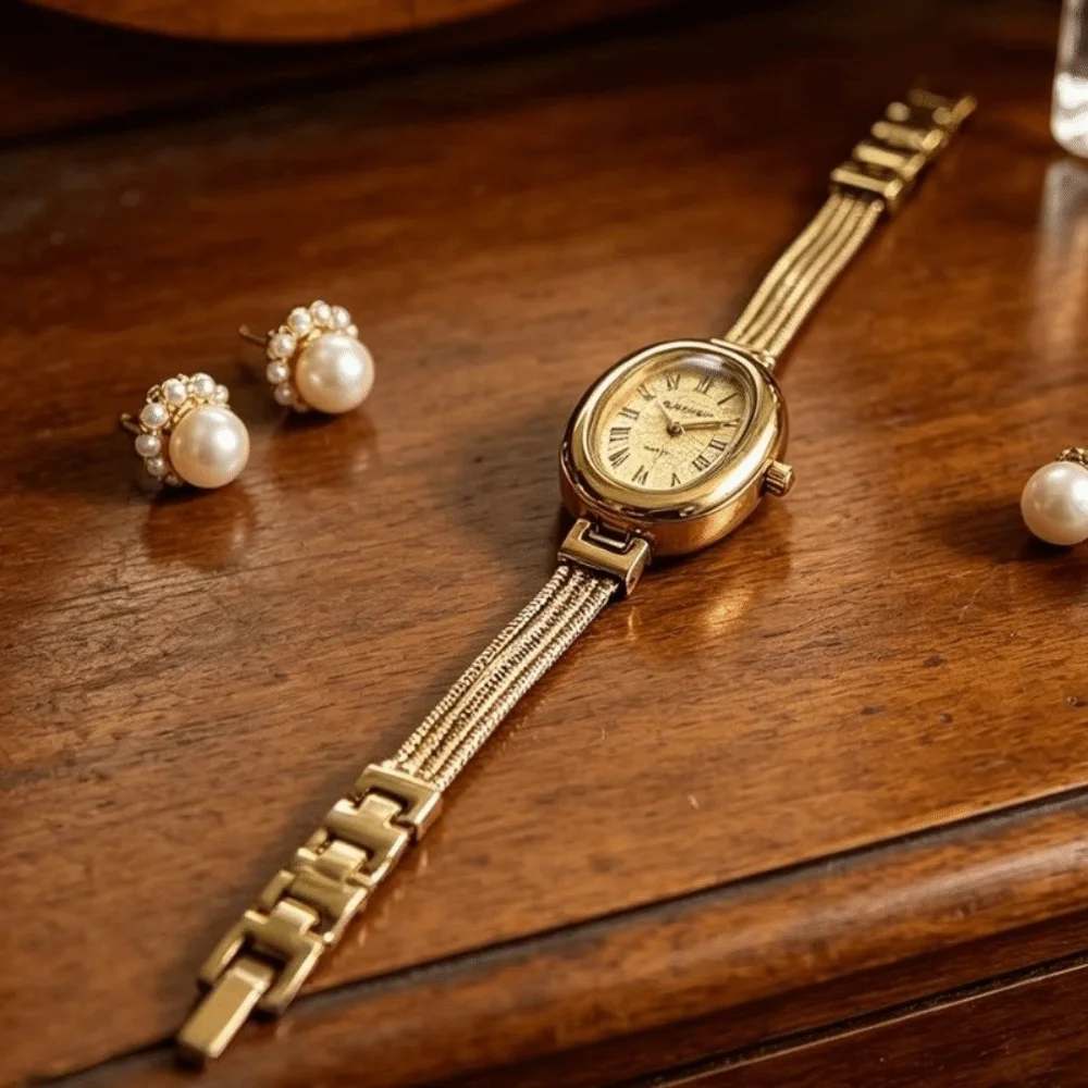 Gold Plated Bracelet Watch Roman Numerals Tassel Chains Quartz Wristwatch Quartz Movement Antique Finish Oval Dial Watch