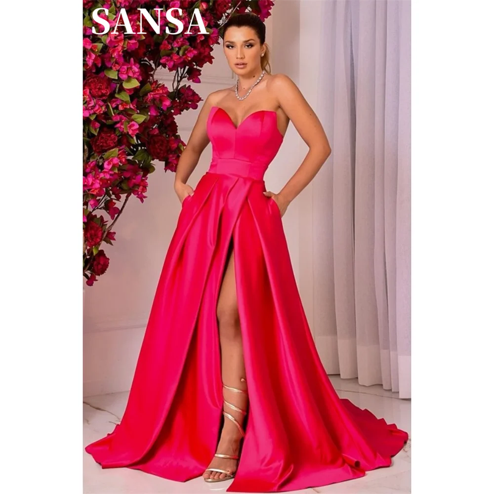 Sansa Simple Fuchsia A-line Prom Dress With Pocket Sweetheart Side Split Vestidos De Noche Satin فساتين سهره فاخره 2023