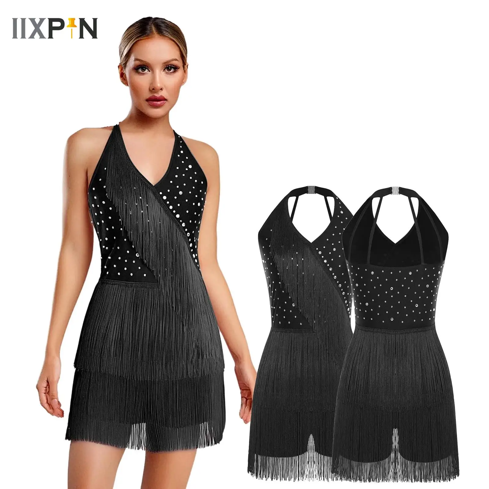 

Latin Dance Dress for Women Adults Rhinestones Tassel Hem Modern Jazz Dancewear Ballet Jumpsuit Skating Stage Dancing Costume