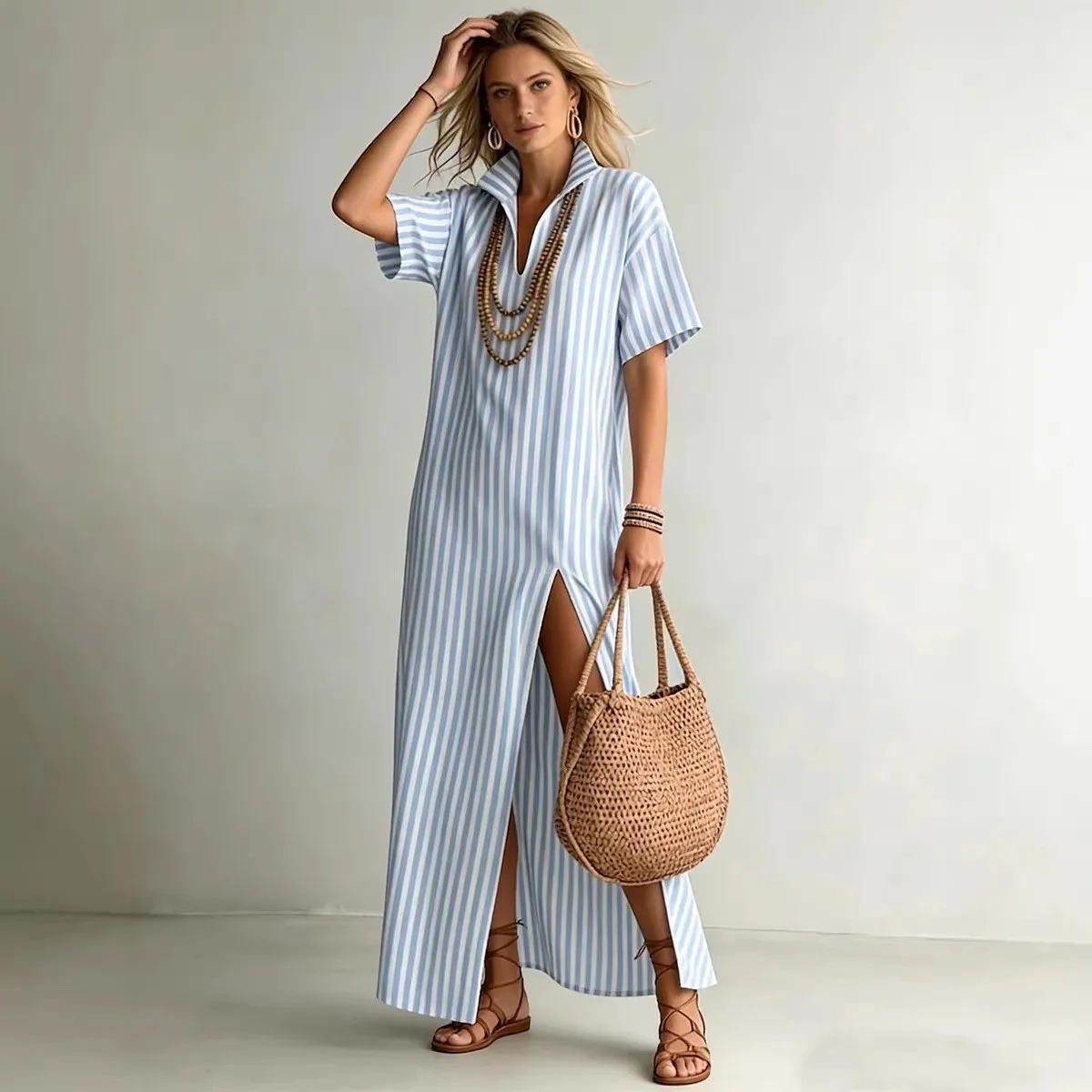 Summer Woman Dress V Neck High Waist Slit Dresses Women's Red White Striped Shirt Dress Light Green Maxi Dress with Pockets