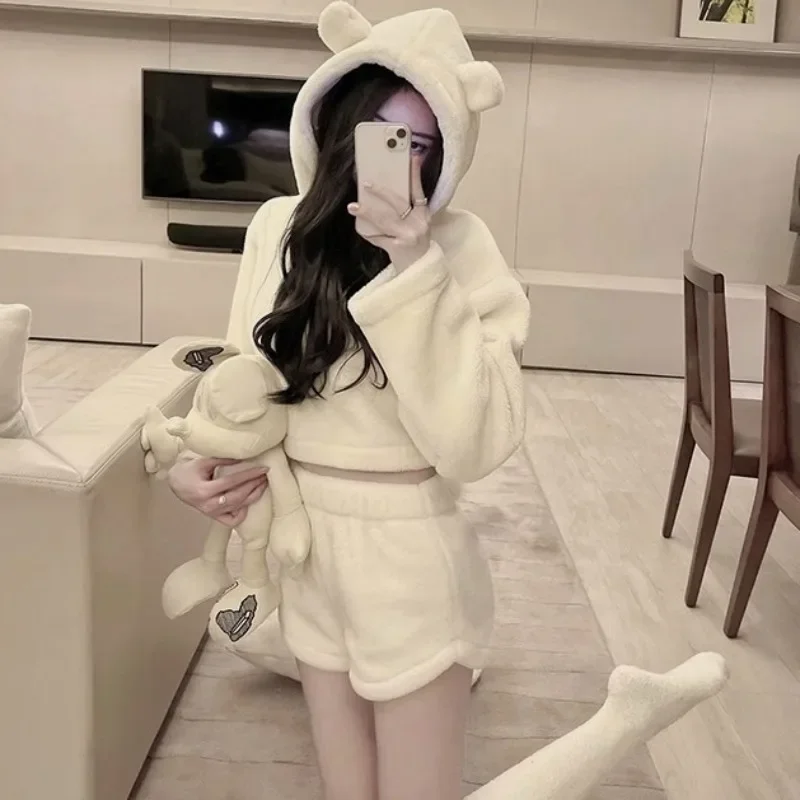 Pajama Sets for Omen Cute Furry Sleepwear Hooded Japan Style Girls Long Sleeve Loungewear Fashion Cozy Simple Baggy Sweet Party