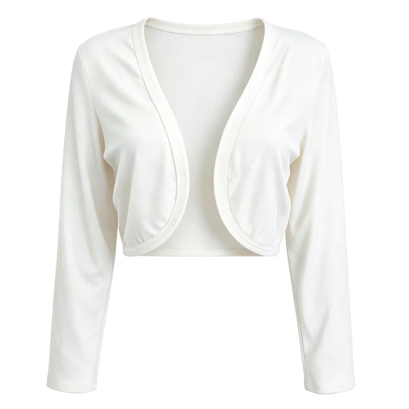 Damen-Bolero mit langen Ärmeln und offenem Vorderteil, kurze Strickjacke, leichte Strickbluse, kurze Jacke, weiches Oberteil, dehnbares Oberbekleidungsstück. – Detail 6