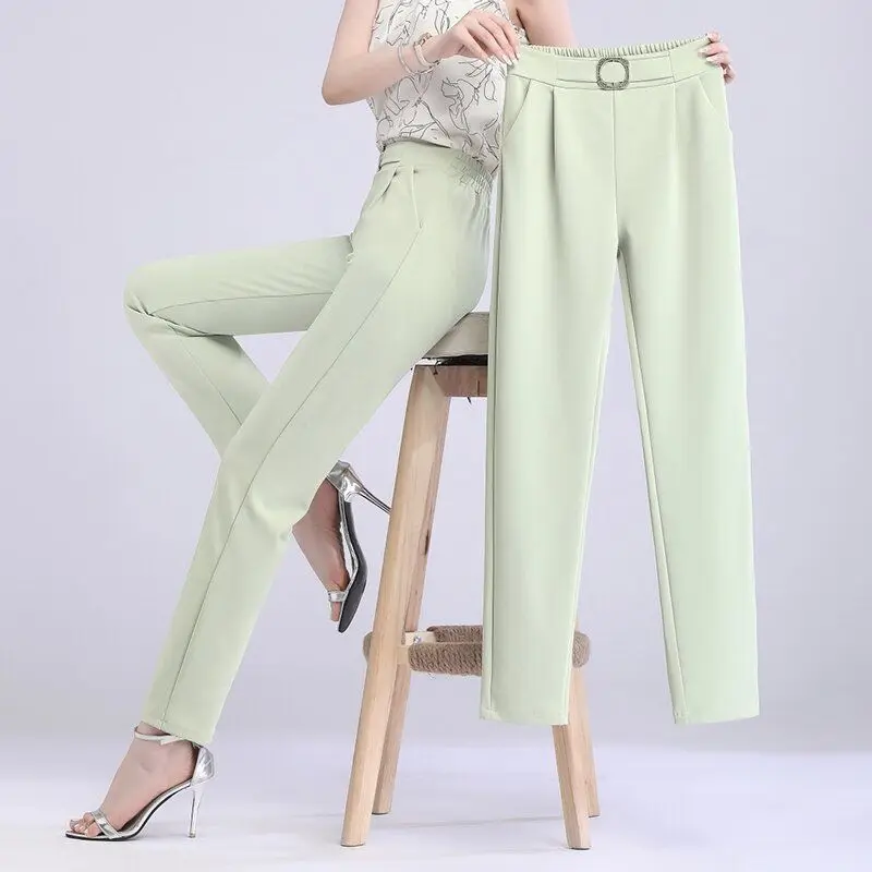 

Office Lady Fashion Slim Pencil Suit Pants Spring Summer New Women Koreon New Elastic High Waist Green All-match Casual Trousers