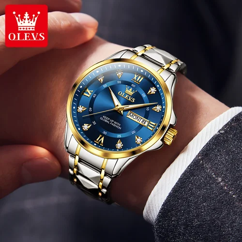 Imagen 2 del producto Reloj de cuarzo para hombre de marca OLEVS, reloj de pulsera de cuarzo para hombre de negocios con correa de moda luminosa resistente al agua de acero inoxidable, reloj dorado