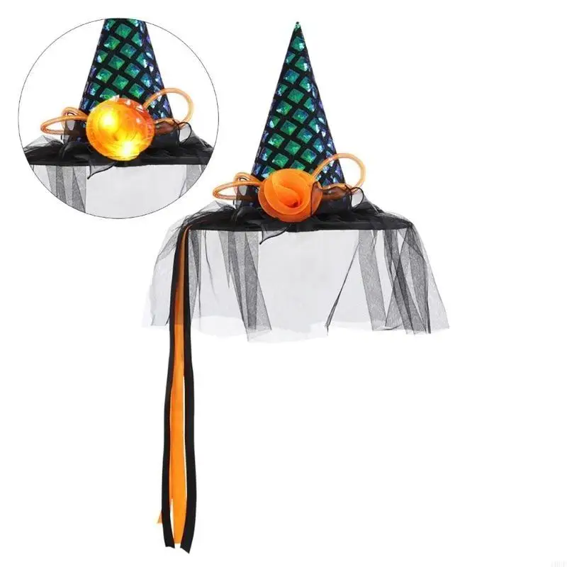 Glowing Witch Hat with Veils Halloween Wizard Caps Headwear for Female Costumes