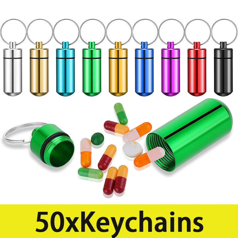 50Pcs Pill Box Holders Mini Portable Waterproof Aluminum Pill Case with Keyring for Traveling Camping Hiking Outdoor Sports