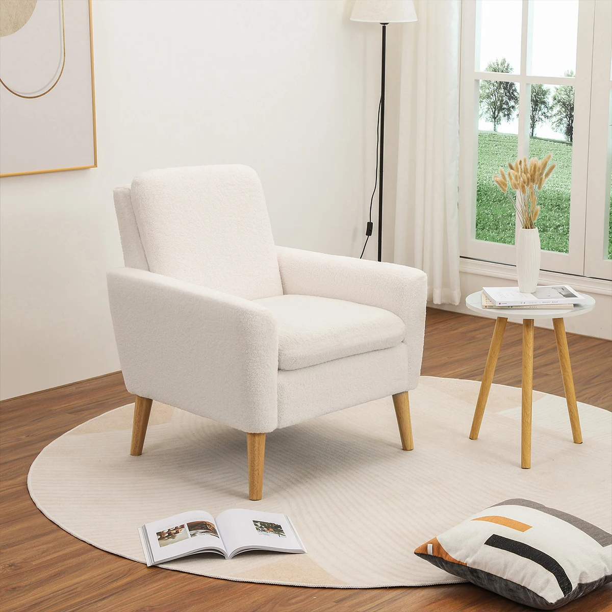 White Armchair Single Teddy Arm Chair with Upholstered Comfy Fluffy Accent Chair Sofa Cream Sherpa Chair for Living Room Bedroom