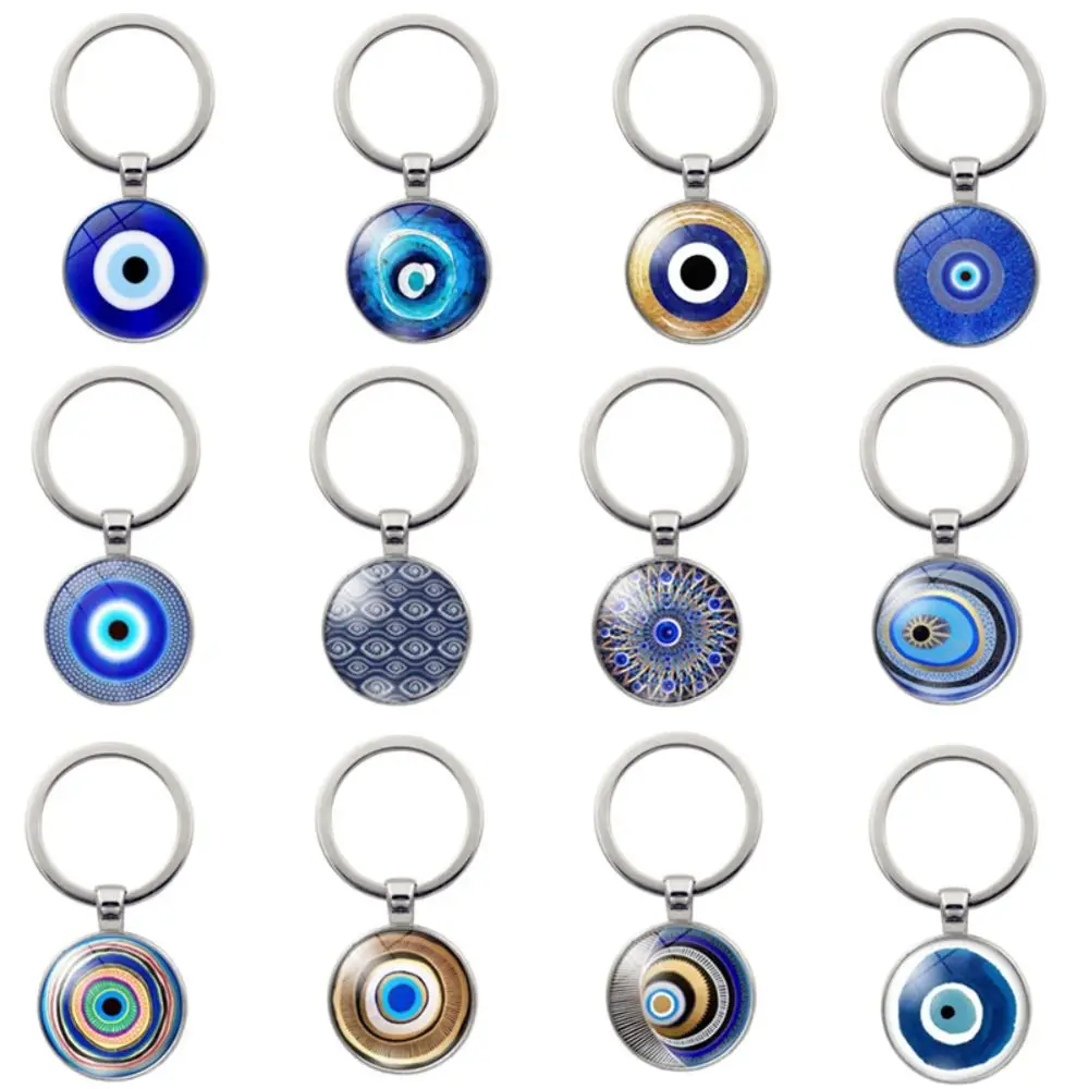 1Pc Beauty Blue Evil Eye Keychain Religious Round Glass Cabochon Car Key Ring Holder Couple Gifts