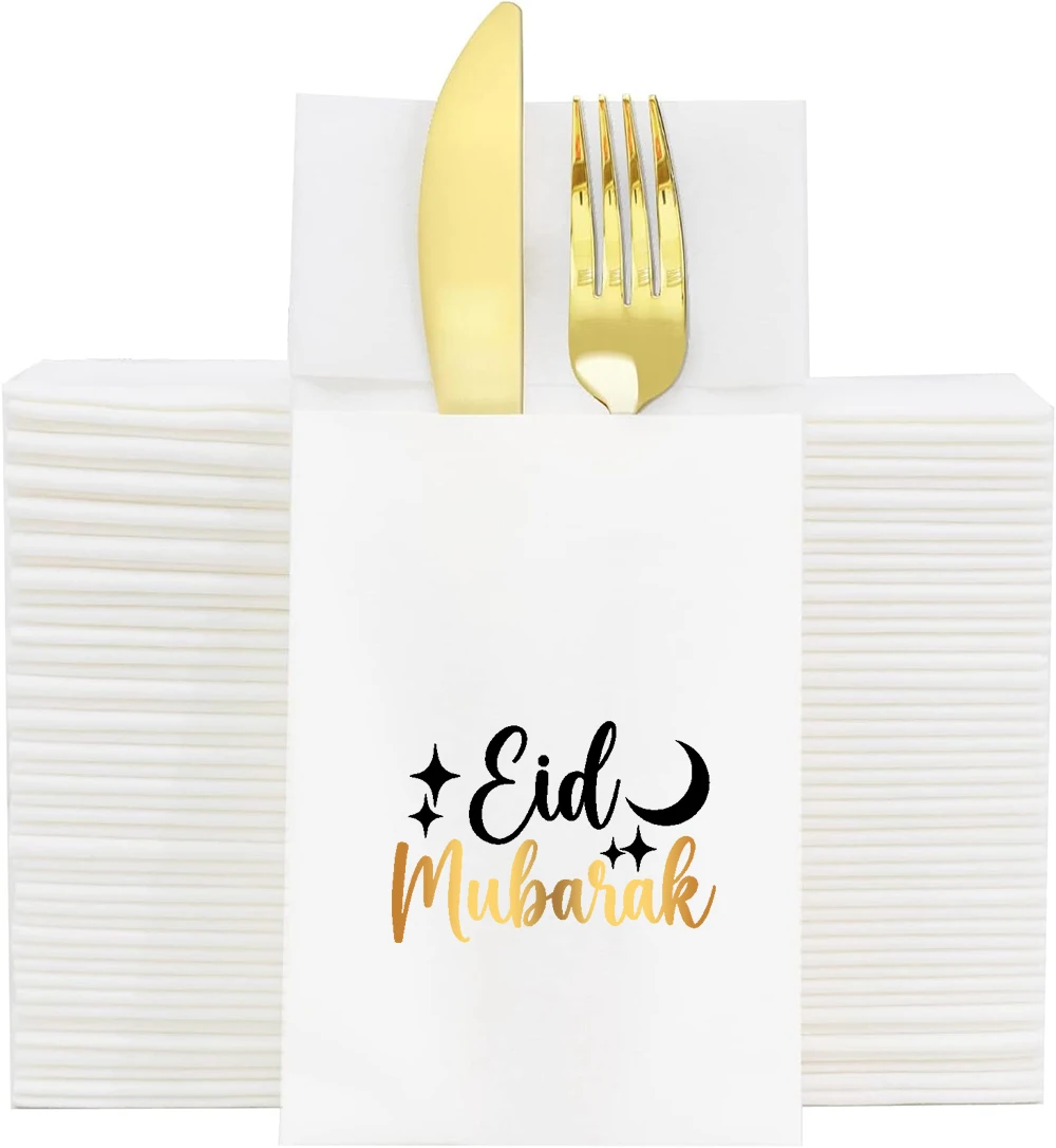 

5pcs White Eid Mubarak Paper Napkin Cutlery Holders Ramadan Kareem Iftar Muslim Islamic Gift Kitchen Dinner Table Decoration