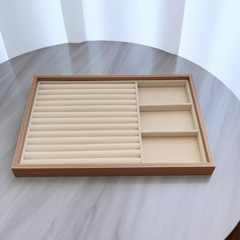 Large Capacity Velvet Jewelry Storage Tray Bamboo Wood Pattern Ring Necklace Bracelet Display Plate Fashionable Vintage Style