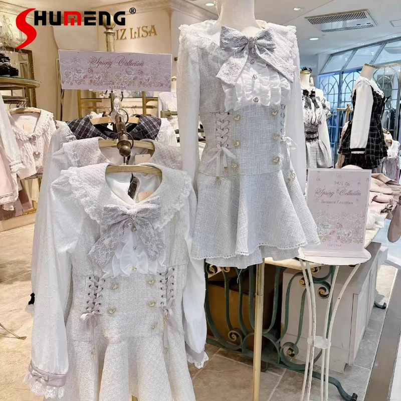 

Liz Princess Dress Set Autumn New Girls Women Sweet Big Bow Lace Slim Elegant Long Sleeve Top and Shorts 2-Piece Womens Outifits