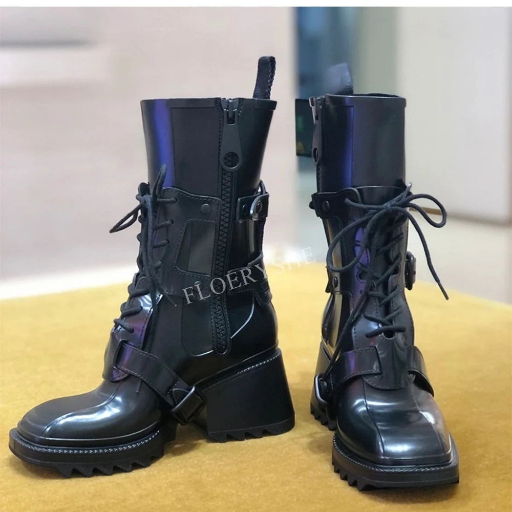 Schwarze Punk Damen Stiefeletten mattes Leder Nachrichten solide quadratische Zehen Seite Reiß verschluss klobige High Heel Party Mode coole Schuhe