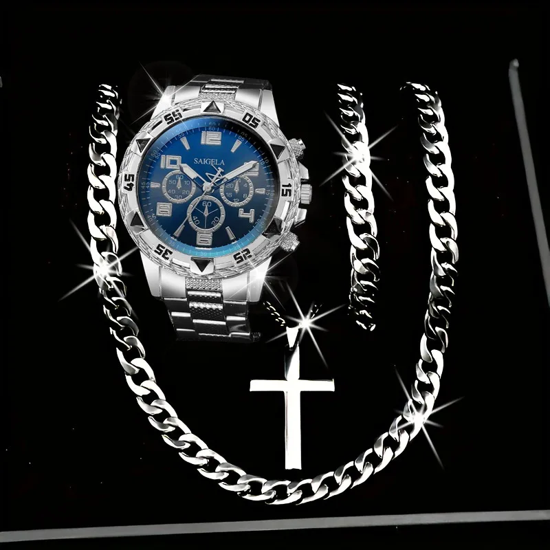 4PCS Luxury Men Business Watches Jewelry Set Large Dial Male's Quartz Wristwatch Reloj Hombre（Without Box）