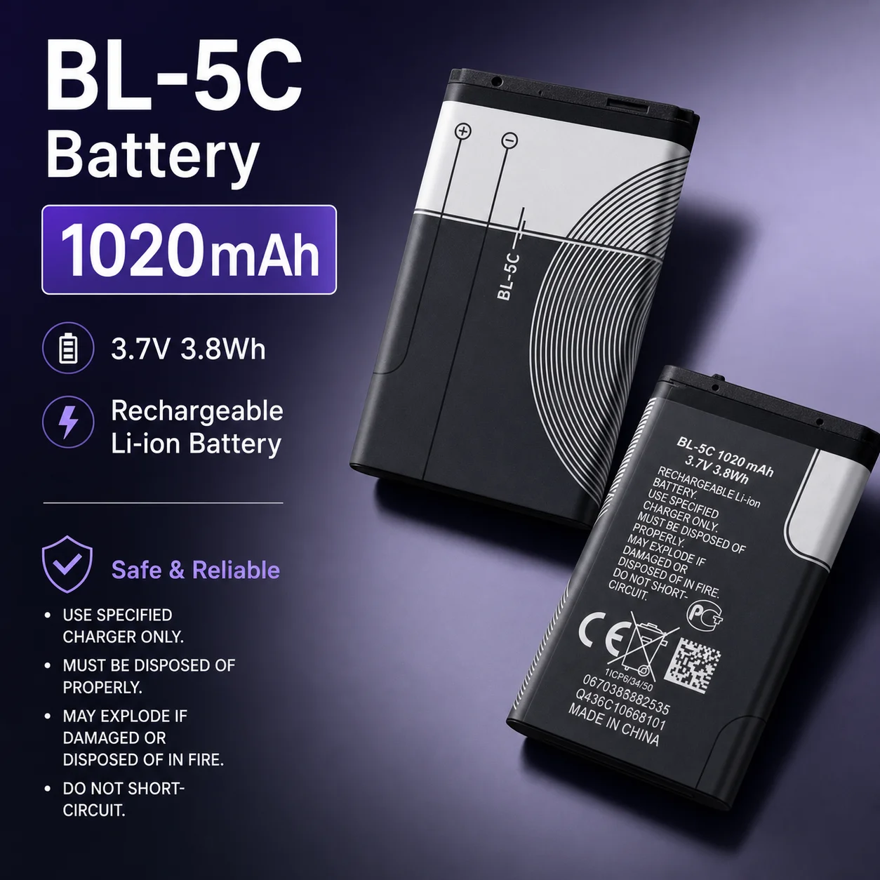 Replacement Phone Battery BL-5C For Nokia 1100 1110 1200 1208 1280 1600 2600 2700 3100 3110 5130 N70 6230i