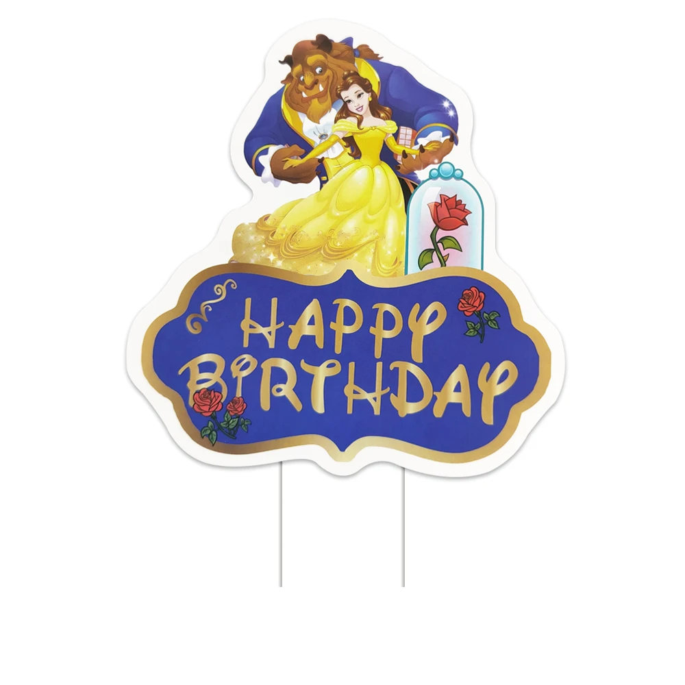 Happy Birthday Party Beauty Beast Cartoon Theme Cake Card Wtih Sticks Decorations Cupcake Topper 1pcs/lot