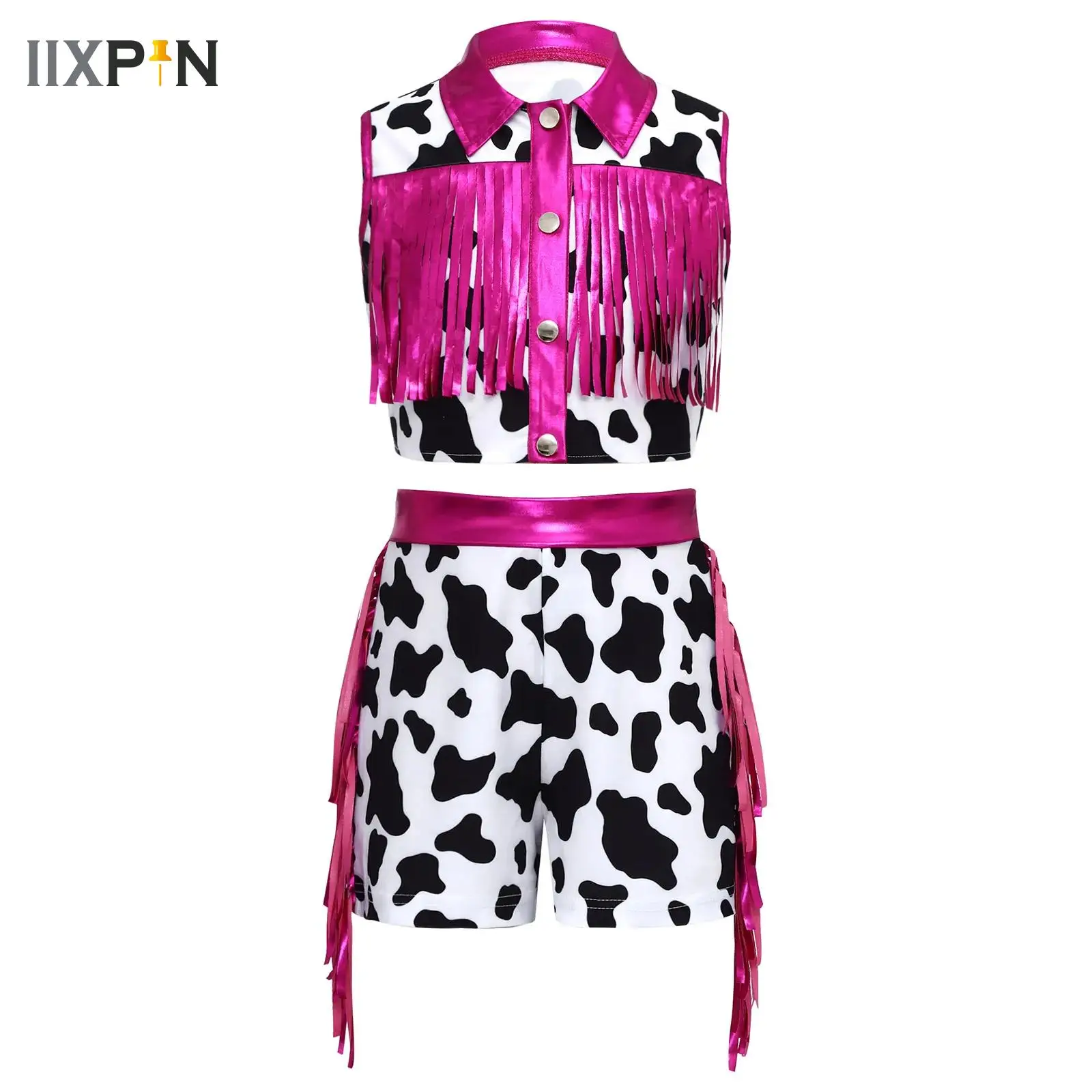 Halloween Cowgirls Dress Up for Kids Girls Western Cowgirl Cosplay Costume Cowboy Metallic Fringe Vest Top and Tassel Shorts