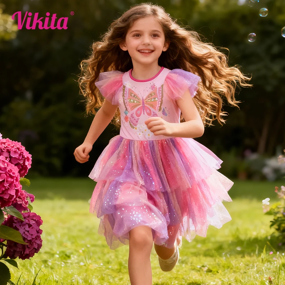 

VIKITA Girls Pink Butterfly Print Layered Princess Dress Kid Flutter Sleeves Gradient Cute Fashion Summer Dress Kids Costumes