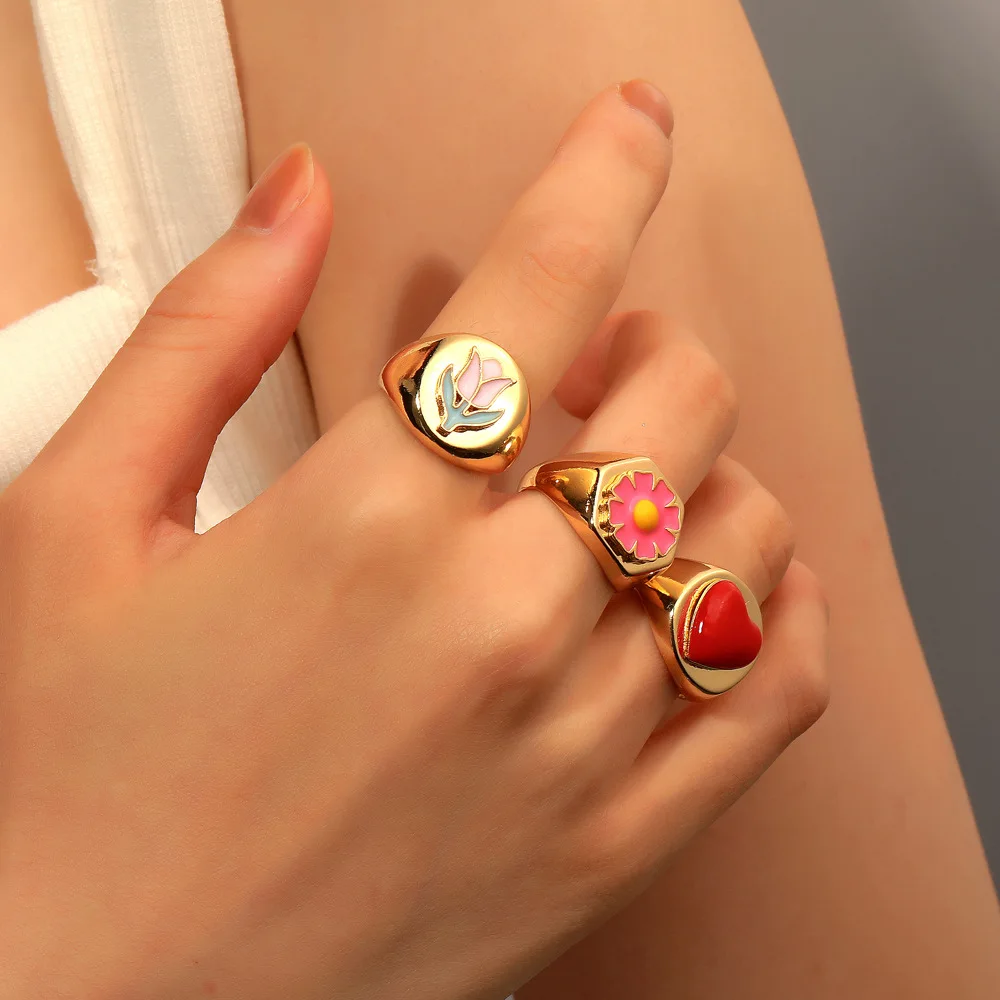 Exquisite Graceful Red Love Heart Blue Pink White Purple Flower Eight Diagrams Green Leaves Golden Plated Rings For Girls