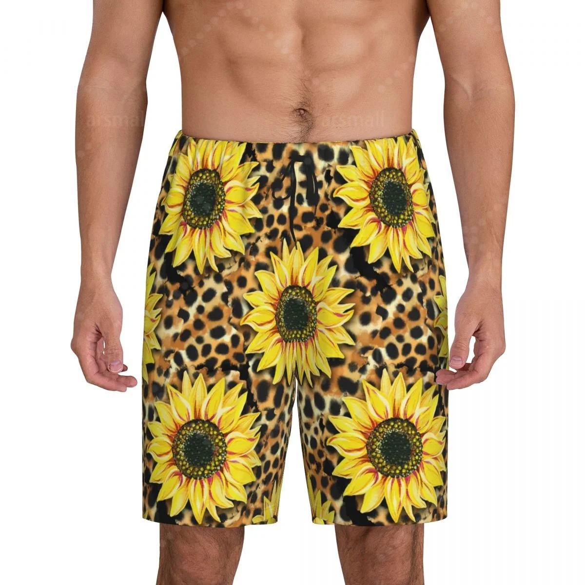 

Sunflower And Leopard Pattern Men's Cool Flat Horn Shorts Street Stretch Shorts Beach Shorts Daily Wear Underwear Sleepwear