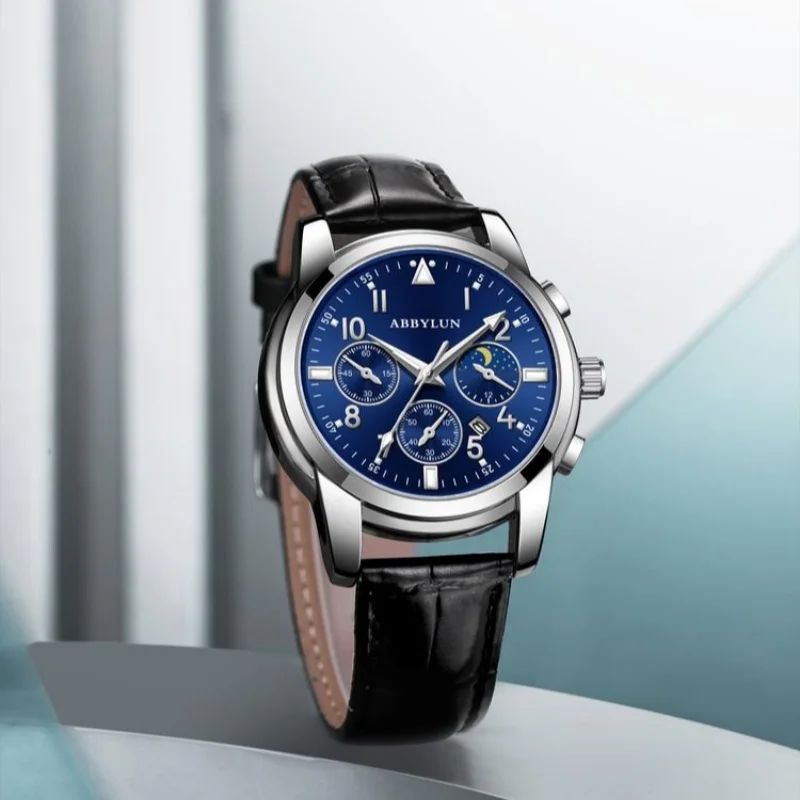 Abbylun นาฬิกาควอทซ์สำหรับผู้ชาย, นาฬิกาข้อมือ816คลาสสิกกันน้ำมัลติฟังก์ชั่นโครโนกราฟลำลอง